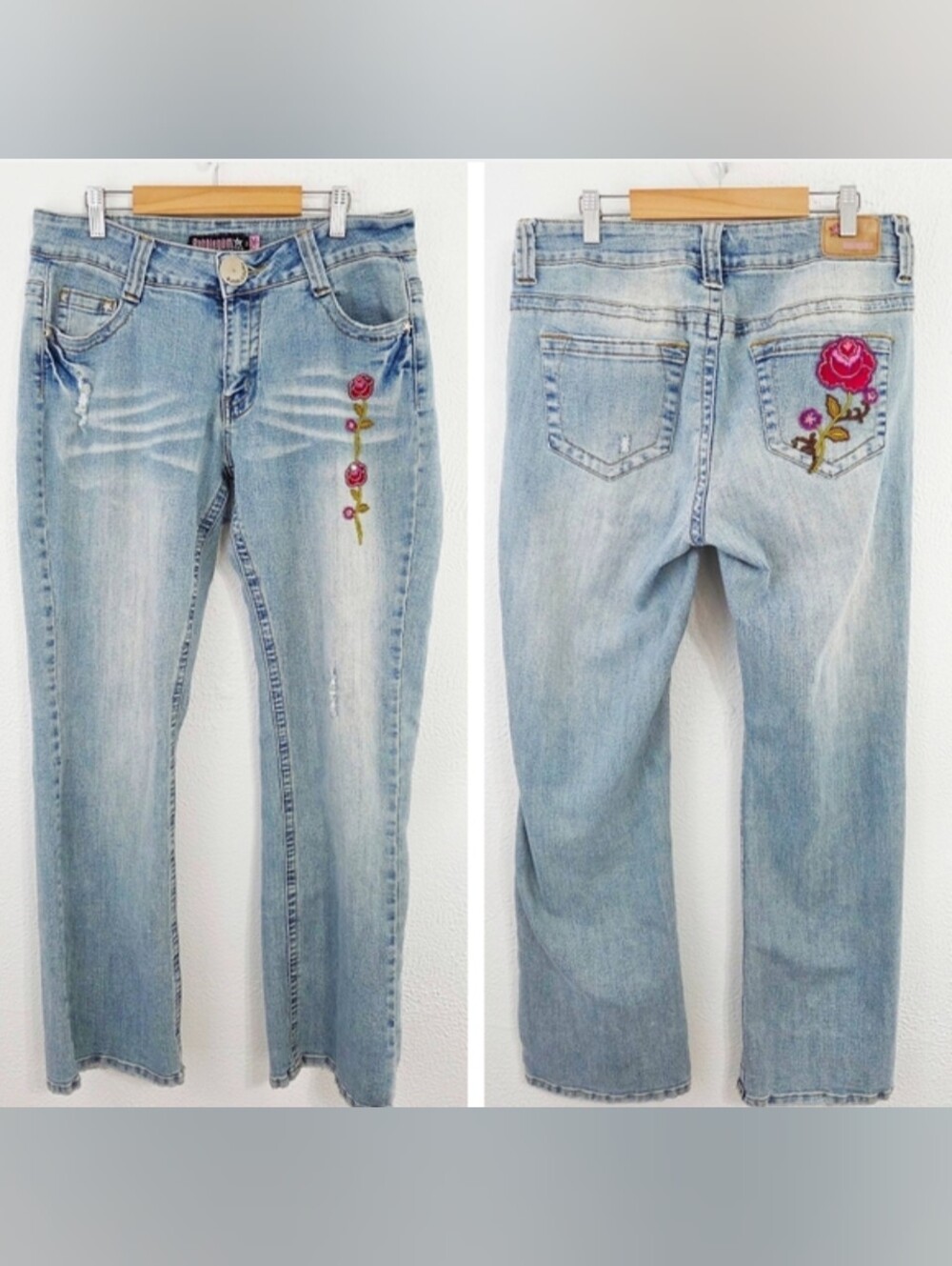 Vintage Y2K Rose Embroidered Jeans Retro Wide Leg Floral Bubblegum Size 14